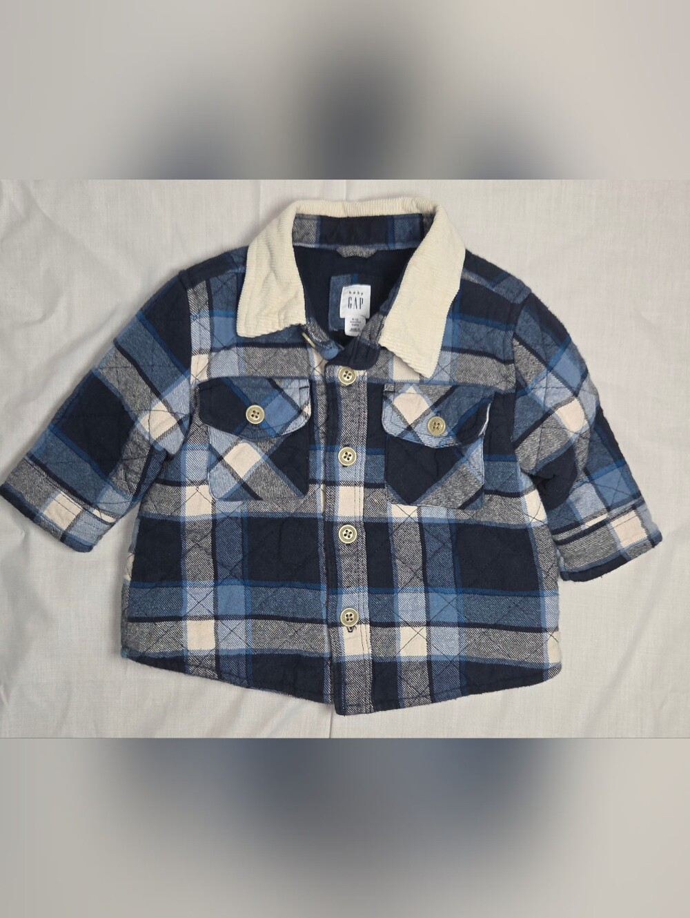 Baby Gap Plaid Flannel Lined Shirt Jacket With Corduroy Collar Blue Navy 9-12M